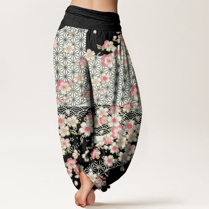 Pantalones harén de cintura elástica para mujer con diseño de estrellas de seis puntas, flores de cerezo rosa y piedras de Buddha Stones - image 6