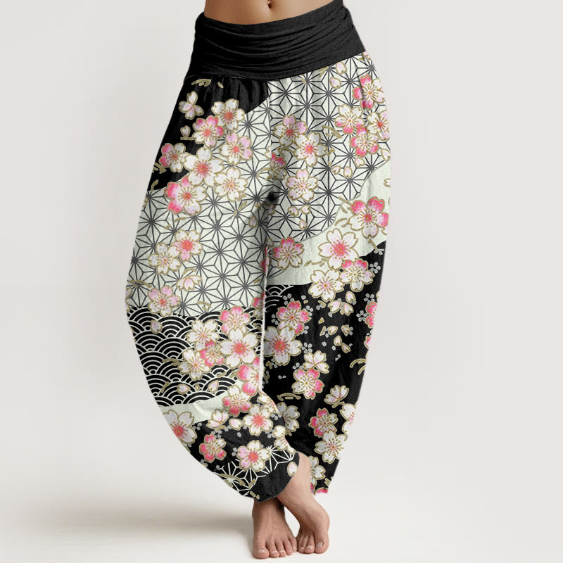 Pantalones harén de cintura elástica para mujer con diseño de estrellas de seis puntas, flores de cerezo rosa y piedras de Buddha Stones - Negro - US22，UK/AU26，EU54 (6XL) - image 5