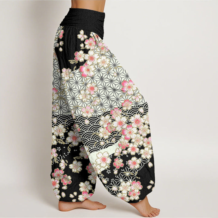 Pantalones harén de cintura elástica para mujer con diseño de estrellas de seis puntas, flores de cerezo rosa y piedras de Buddha Stones - image 7