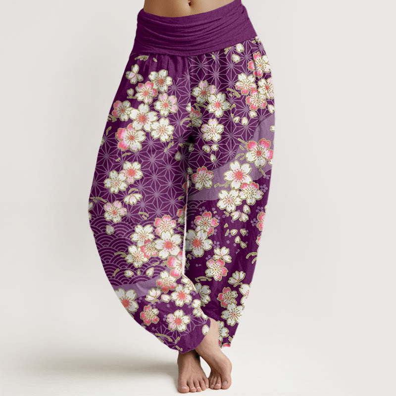 Pantalones harén de cintura elástica para mujer con diseño de estrellas de seis puntas, flores de cerezo rosa y piedras de Buddha Stones - Púrpura - US22，UK/AU26，EU54 (6XL) - image 8