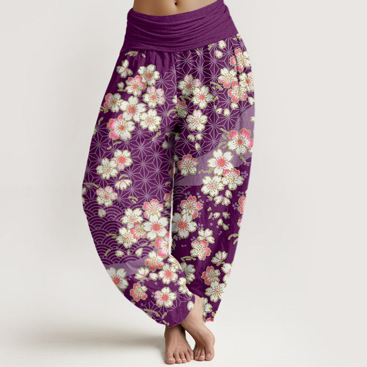 Pantalones harén de cintura elástica para mujer con diseño de estrellas de seis puntas, flores de cerezo rosa y piedras de Buddha Stones - Púrpura - US22，UK/AU26，EU54 (6XL) - image 8
