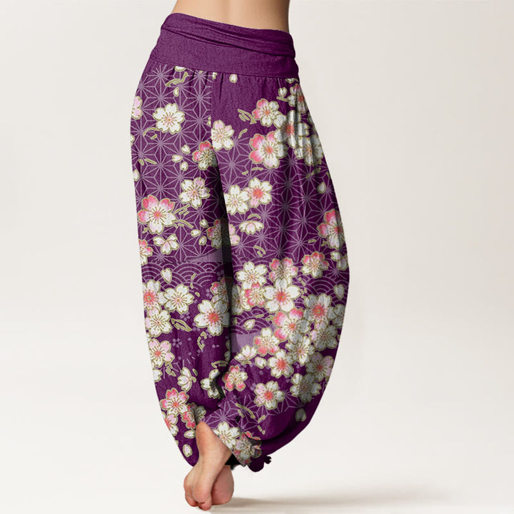 Pantalones harén de cintura elástica para mujer con diseño de estrellas de seis puntas, flores de cerezo rosa y piedras de Buddha Stones - image 9