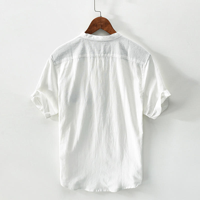 Camisa de lino y algodón de manga corta para hombre con medio botón y bolsillo en contraste de colores de Buddha Stones - image 1