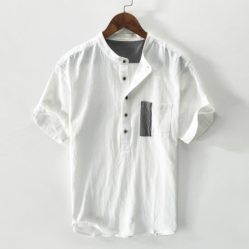 Camisa de lino y algodón de manga corta para hombre con medio botón y bolsillo en contraste de colores de Buddha Stones - Blanco - US/UK/AU42, EU52 (3XL) - image 0