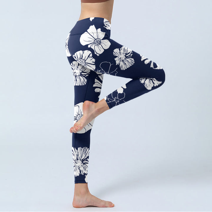 Leggings de yoga para mujer con estampado de plantas y pétalos blancos grandes de Buddha Stones - image 4