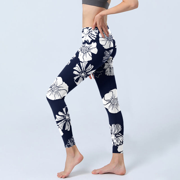 Leggings de yoga para mujer con estampado de plantas y pétalos blancos grandes de Buddha Stones - image 3