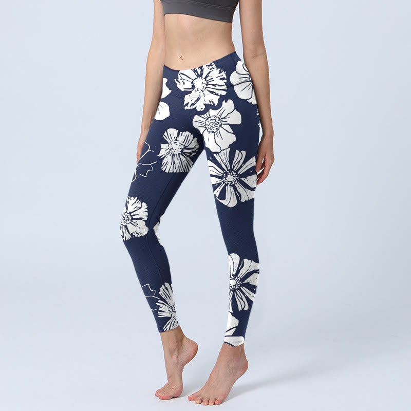 Leggings de yoga para mujer con estampado de plantas y pétalos blancos grandes de Buddha Stones - Azul medianoche - US18，UK/AU22，EU50 (4XL) - image 1