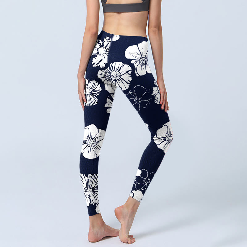 Leggings de yoga para mujer con estampado de plantas y pétalos blancos grandes de Buddha Stones - image 5