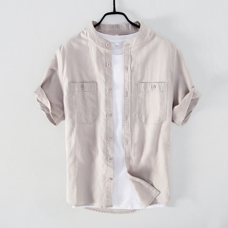 Camisa informal de lino y algodón de manga corta para hombre, con botones sencillos, cuello alto y bolsillos delanteros, estilo diario, con estampado de Buddha Stones - Lino - US/UK/AU42, EU52 (3XL) - image 8