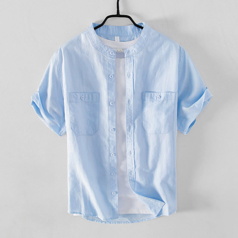 Camisa informal de lino y algodón de manga corta para hombre, con botones sencillos, cuello alto y bolsillos delanteros, estilo diario, con estampado de Buddha Stones - Azul celeste claro - US/UK/AU42, EU52 (3XL) - image 0