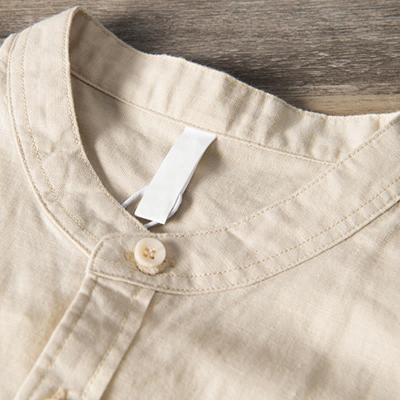 Camisa informal de lino y algodón de manga corta para hombre, con botones sencillos, cuello alto y bolsillos delanteros, estilo diario, con estampado de Buddha Stones - image 10