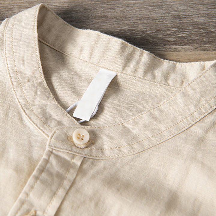 Camisa informal de lino y algodón de manga corta para hombre, con botones sencillos, cuello alto y bolsillos delanteros, estilo diario, con estampado de Buddha Stones - image 10
