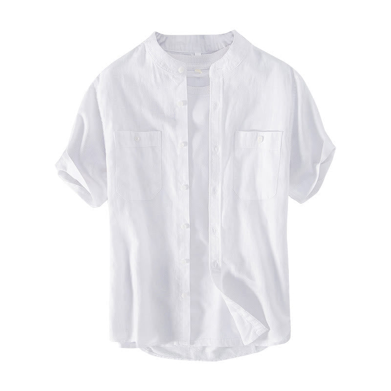 Camisa informal de lino y algodón de manga corta para hombre, con botones sencillos, cuello alto y bolsillos delanteros, estilo diario, con estampado de Buddha Stones - image 7