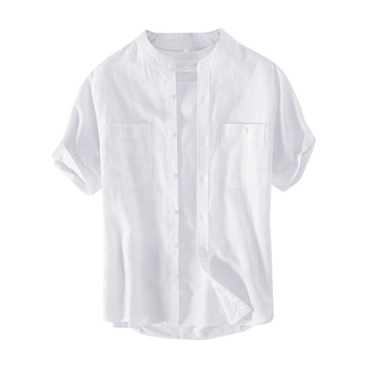 Camisa informal de lino y algodón de manga corta para hombre, con botones sencillos, cuello alto y bolsillos delanteros, estilo diario, con estampado de Buddha Stones - image 7