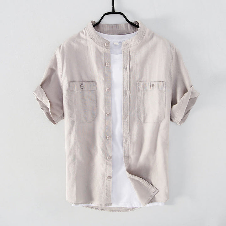 Camisa informal de lino y algodón de manga corta para hombre, con botones sencillos, cuello alto y bolsillos delanteros, estilo diario, con estampado de Buddha Stones - Lino - US/UK/AU42, EU52 (3XL) - image 8