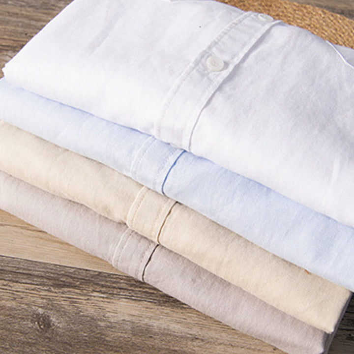 Camisa informal de lino y algodón de manga corta para hombre, con botones sencillos, cuello alto y bolsillos delanteros, estilo diario, con estampado de Buddha Stones - image 18