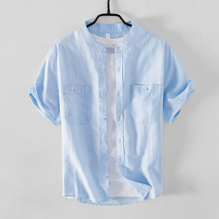 Camisa informal de lino y algodón de manga corta para hombre, con botones sencillos, cuello alto y bolsillos delanteros, estilo diario, con estampado de Buddha Stones - Azul cielo claro - US/UK/AU42, EU52 (3XL) - image 0