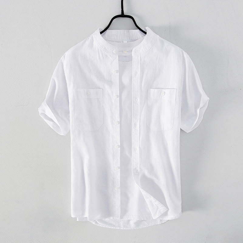 Camisa informal de lino y algodón de manga corta para hombre, con botones sencillos, cuello alto y bolsillos delanteros, estilo diario, con estampado de Buddha Stones - Blanco - US/UK/AU42, EU52 (3XL) - image 1