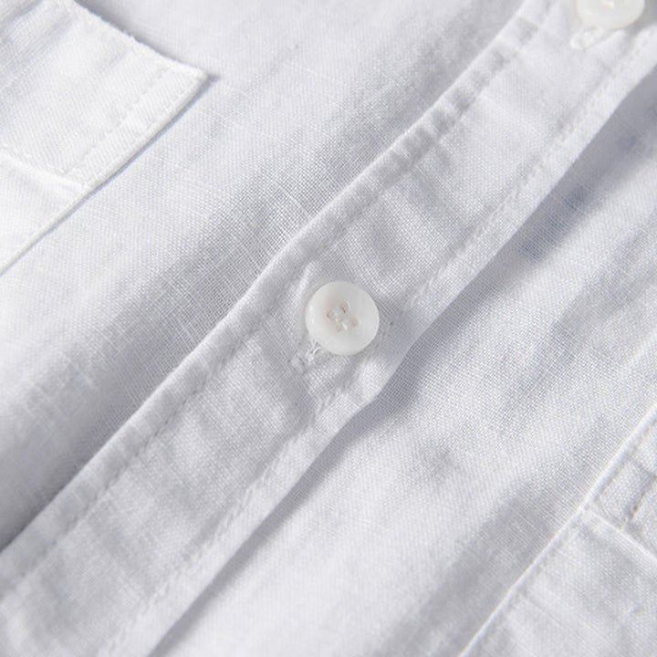 Camisa informal de lino y algodón de manga corta para hombre, con botones sencillos, cuello alto y bolsillos delanteros, estilo diario, con estampado de Buddha Stones - image 4