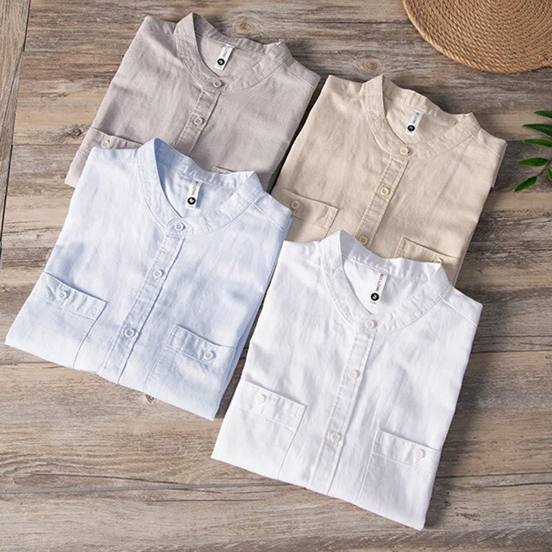 Camisa informal de lino y algodón de manga corta para hombre, con botones sencillos, cuello alto y bolsillos delanteros, estilo diario, con estampado de Buddha Stones - image 17
