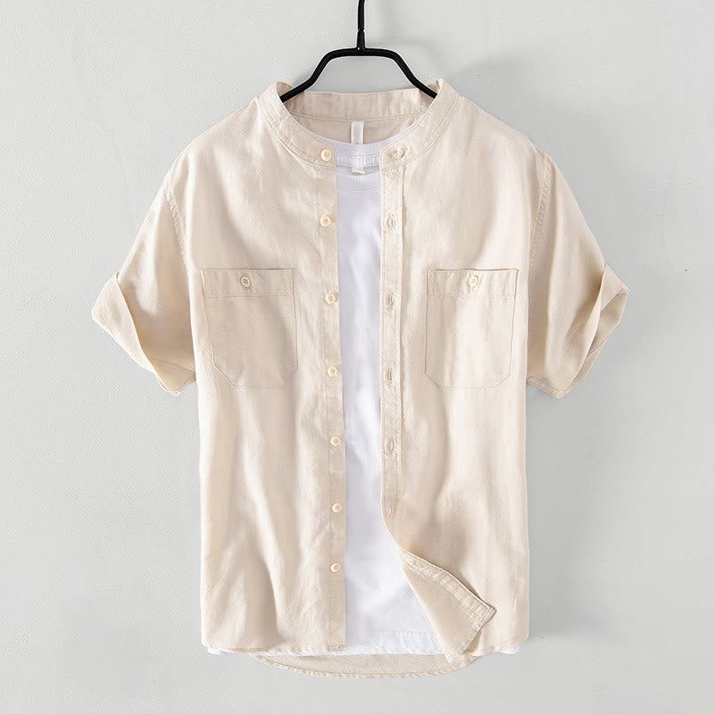 Camisa informal de lino y algodón de manga corta para hombre, con botones sencillos, cuello alto y bolsillos delanteros, estilo diario, con estampado de Buddha Stones - Beige - US/UK/AU42, EU52 (3XL) - image 9