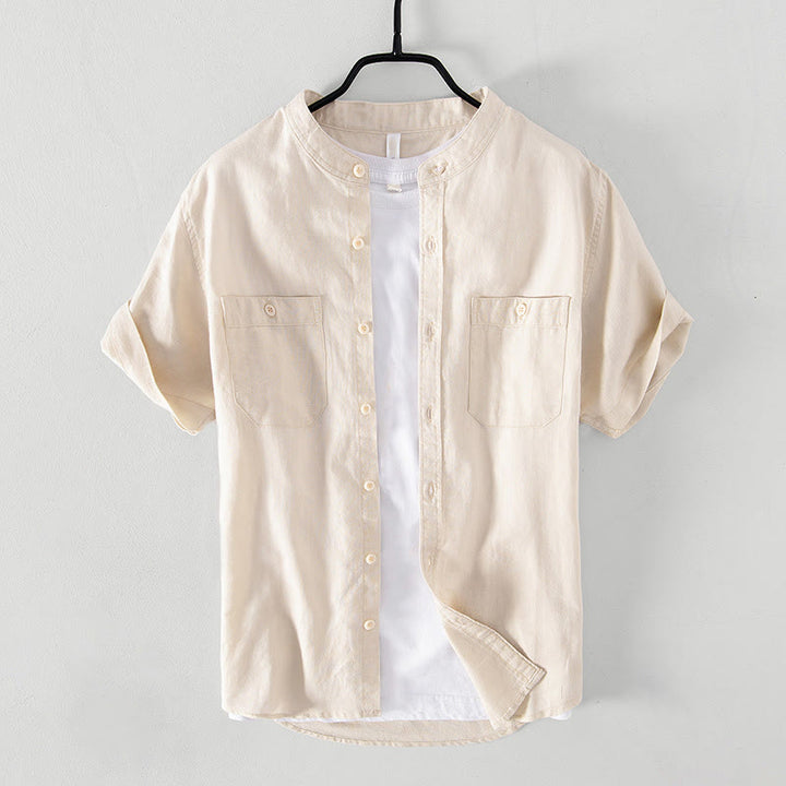 Camisa informal de lino y algodón de manga corta para hombre, con botones sencillos, cuello alto y bolsillos delanteros, estilo diario, con estampado de Buddha Stones - Beige - US/UK/AU42, EU52 (3XL) - image 9