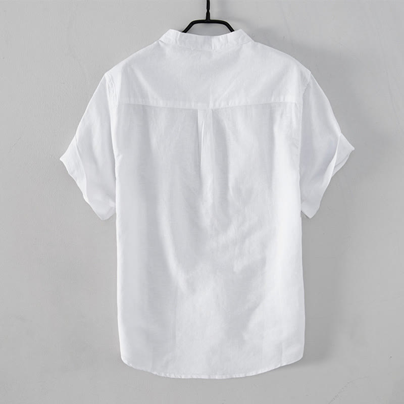 Camisa informal de lino y algodón de manga corta para hombre, con botones sencillos, cuello alto y bolsillos delanteros, estilo diario, con estampado de Buddha Stones - image 2