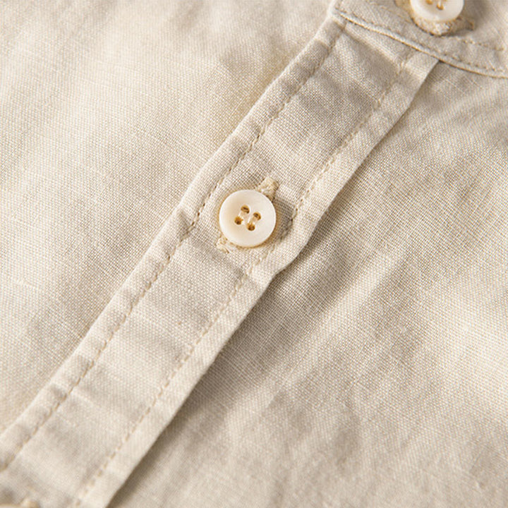 Camisa informal de lino y algodón de manga corta para hombre, con botones sencillos, cuello alto y bolsillos delanteros, estilo diario, con estampado de Buddha Stones - image 12