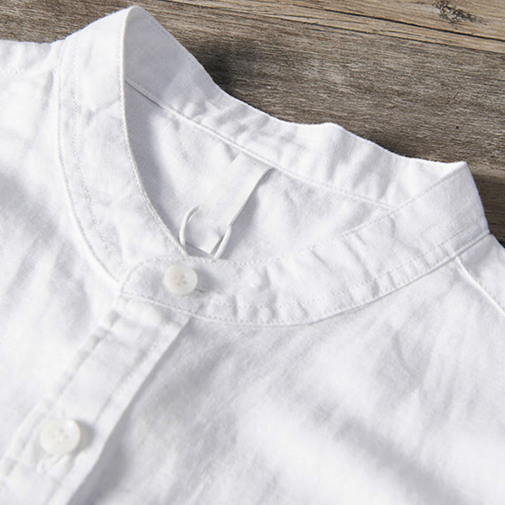 Camisa informal de lino y algodón de manga corta para hombre, con botones sencillos, cuello alto y bolsillos delanteros, estilo diario, con estampado de Buddha Stones - image 3
