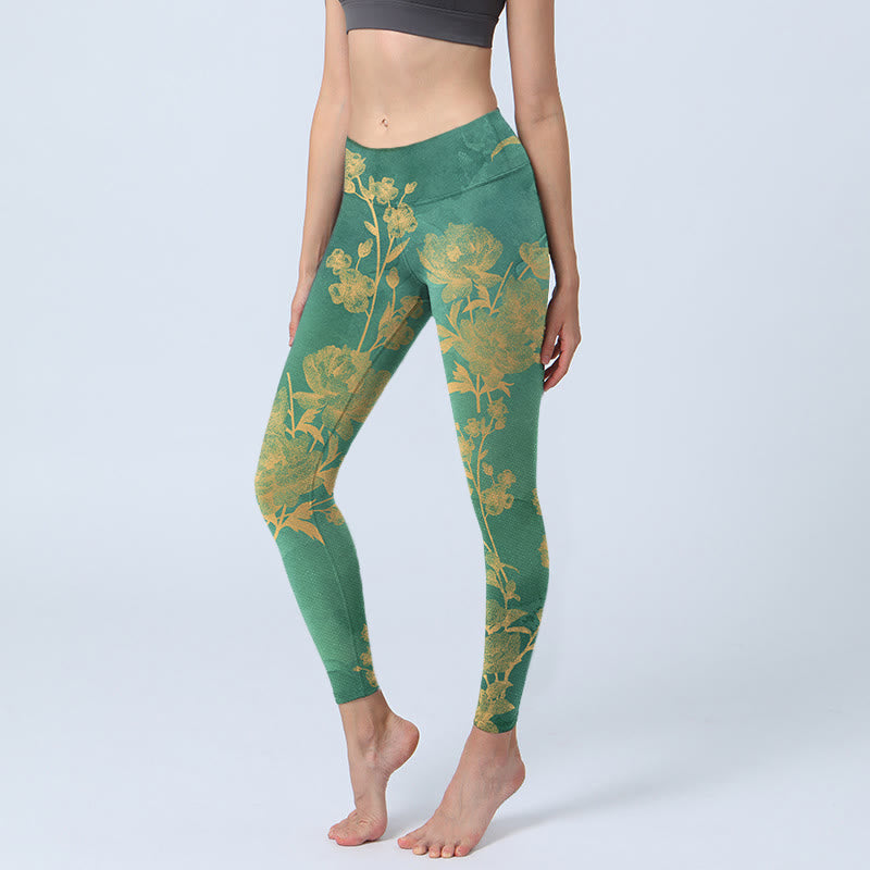 Leggings de yoga para mujer con estampado de Buddha Stones, fondo verde, ramas doradas y flores de peonía - Verde mar medio - US18，UK/AU22，EU50 (4XL) - image 0
