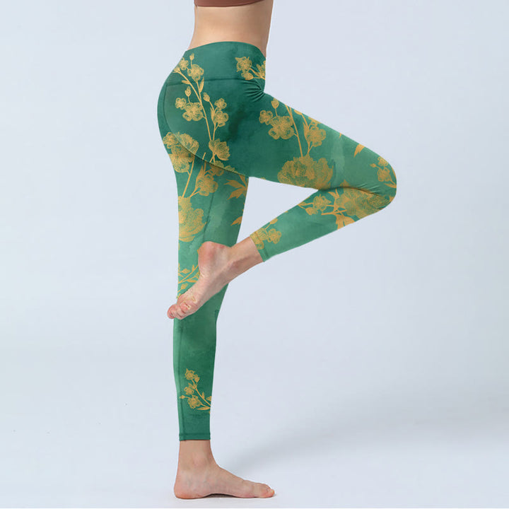 Leggings de yoga para mujer con estampado de Buddha Stones, fondo verde, ramas doradas y flores de peonía - image 3
