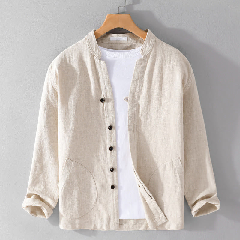 Camisa de lino y algodón de manga larga para hombre, con cuello alto, diseño de botones sencillos y bolsillos, estilo diario de Buddha Stones Spring - Beige - US/UK/AU42, EU52 (3XL) - image 0