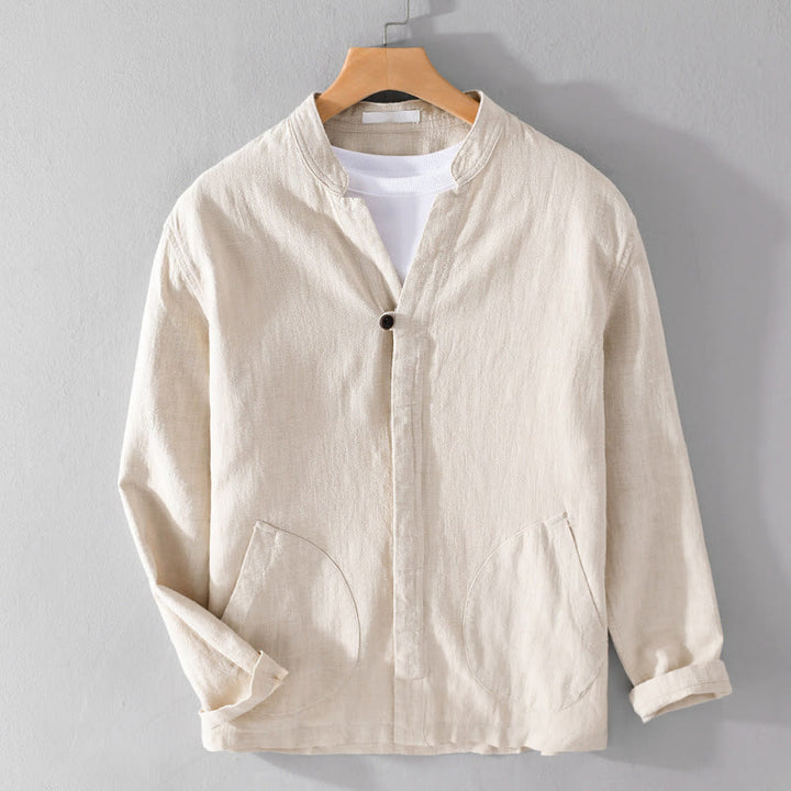 Camisa de lino y algodón de manga larga para hombre, con cuello alto, diseño de botones sencillos y bolsillos, estilo diario de Buddha Stones Spring - image 1