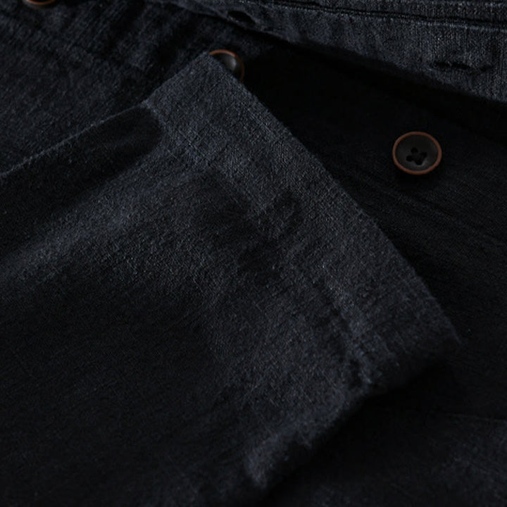 Camisa de lino y algodón de manga larga para hombre, con cuello alto, diseño de botones sencillos y bolsillos, estilo diario de Buddha Stones Spring - image 9