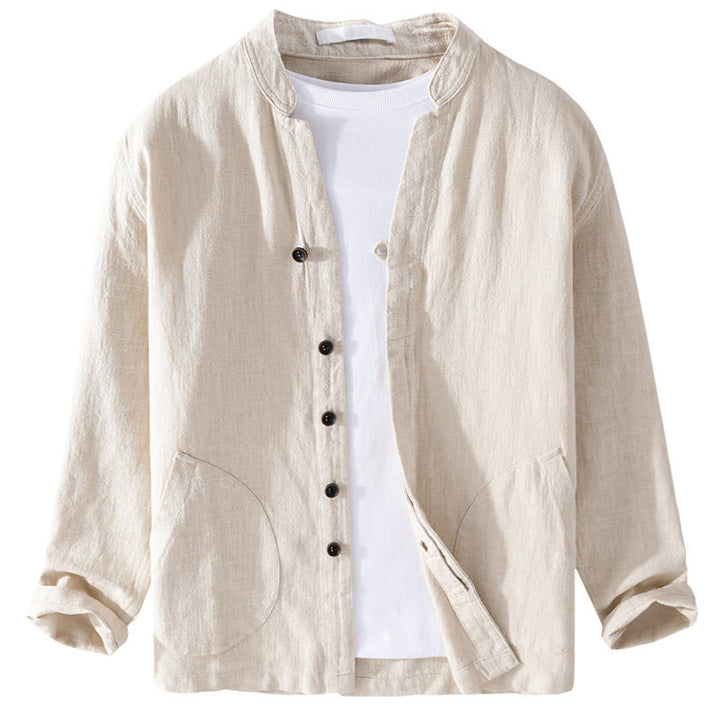 Camisa de lino y algodón de manga larga para hombre, con cuello alto, diseño de botones sencillos y bolsillos, estilo diario de Buddha Stones Spring - image 7