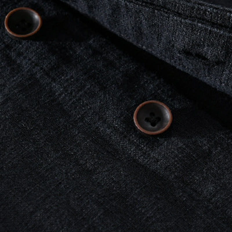 Camisa de lino y algodón de manga larga para hombre, con cuello alto, diseño de botones sencillos y bolsillos, estilo diario de Buddha Stones Spring - image 11