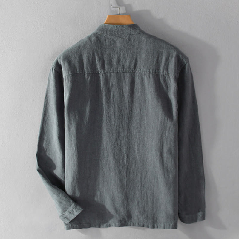 Camisa de lino y algodón de manga larga para hombre, con cuello alto, diseño de botones sencillos y bolsillos, estilo diario de Buddha Stones Spring - image 15