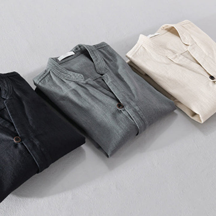 Camisa de lino y algodón de manga larga para hombre, con cuello alto, diseño de botones sencillos y bolsillos, estilo diario de Buddha Stones Spring - image 25