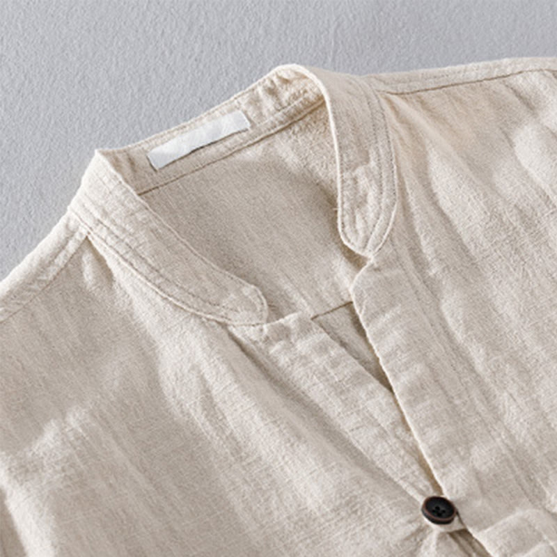 Camisa de lino y algodón de manga larga para hombre, con cuello alto, diseño de botones sencillos y bolsillos, estilo diario de Buddha Stones Spring - image 2