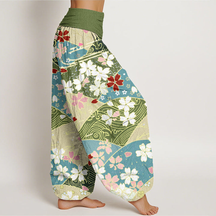 Pantalones harén con cintura elástica para mujer, diseño en abanico con flores coloridas y Buddha Stones - image 3