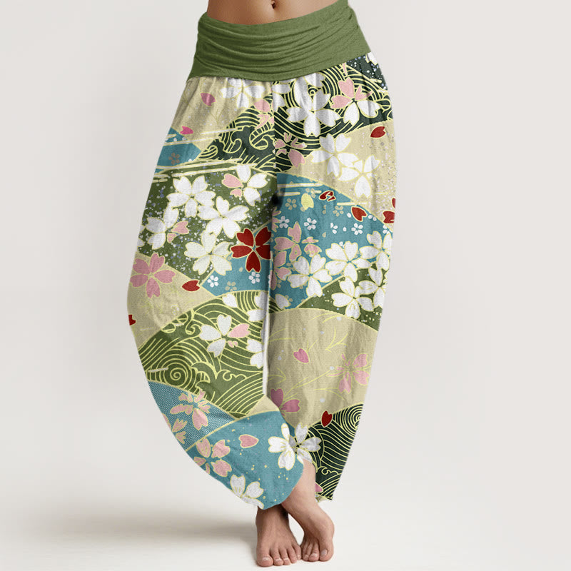 Pantalones harén con cintura elástica para mujer, diseño en abanico con flores coloridas y Buddha Stones - Verde mar oscuro - US22，UK/AU26，EU54 (6XL) - image 1