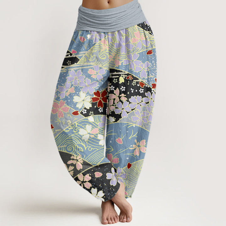 Pantalones harén con cintura elástica para mujer, diseño en abanico con flores coloridas y Buddha Stones - Cian claro - US22，UK/AU26，EU54 (6XL) - image 5