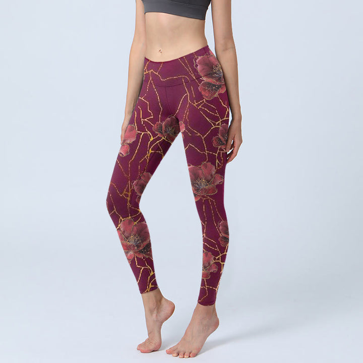 Leggings de yoga para mujer con estampado de líneas doradas y pétalos rojos de Buddha Stones - Rojo indio - US18，UK/AU22，EU50 (4XL) - image 0