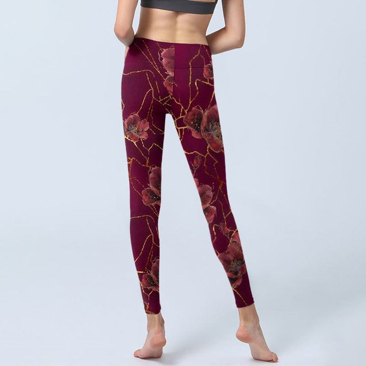 Leggings de yoga para mujer con estampado de líneas doradas y pétalos rojos de Buddha Stones - image 6