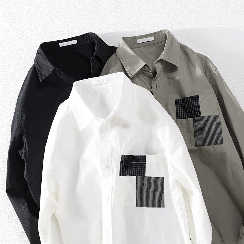 Camisa de lino y algodón de manga larga para hombre con solapa y diseño de patchwork de Buddha Stones Spring Daily Line con bolsillos - image 22