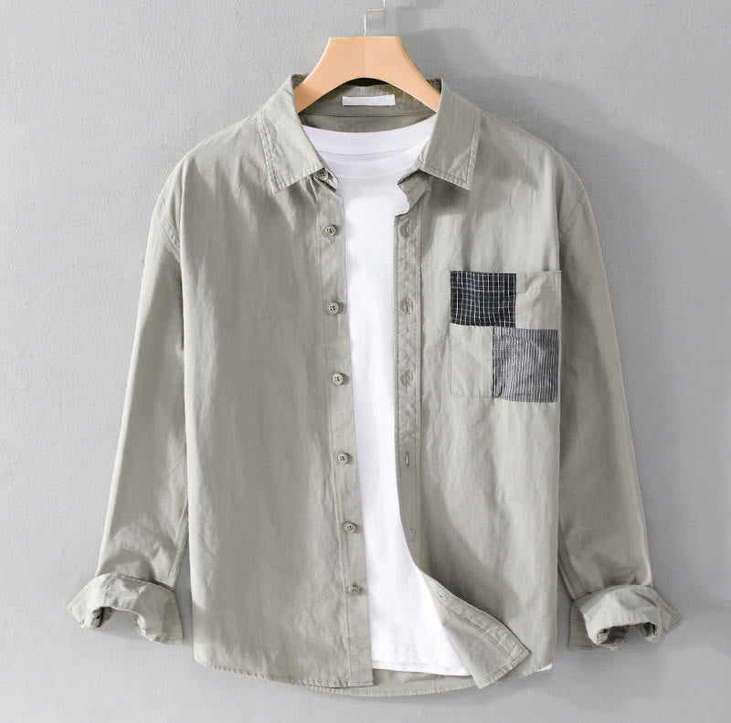 Camisa de lino y algodón de manga larga para hombre con solapa y diseño de patchwork de Buddha Stones Spring Daily Line con bolsillos - Verde mar oscuro - US/UK/AU42, EU52 (3XL) - image 0