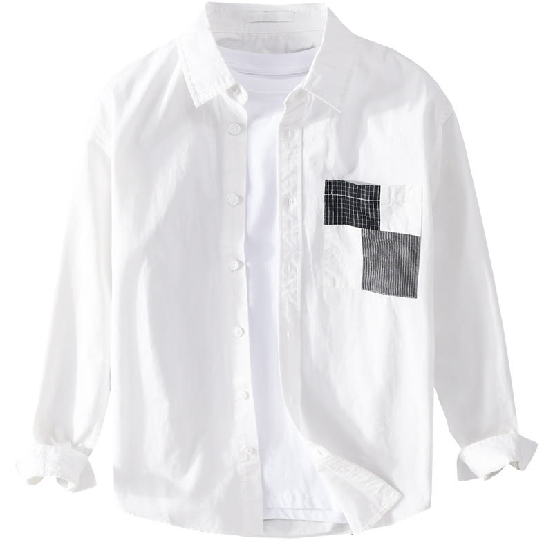 Camisa de lino y algodón de manga larga para hombre con solapa y diseño de patchwork de Buddha Stones Spring Daily Line con bolsillos - image 14