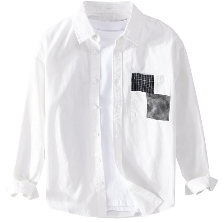 Camisa de lino y algodón de manga larga para hombre con solapa y diseño de patchwork de Buddha Stones Spring Daily Line con bolsillos - image 14