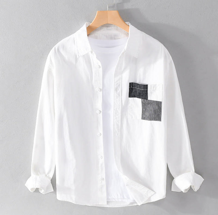 Camisa de lino y algodón de manga larga para hombre con solapa y diseño de patchwork de Buddha Stones Spring Daily Line con bolsillos - Blanco - US/UK/AU42, EU52 (3XL) - image 7