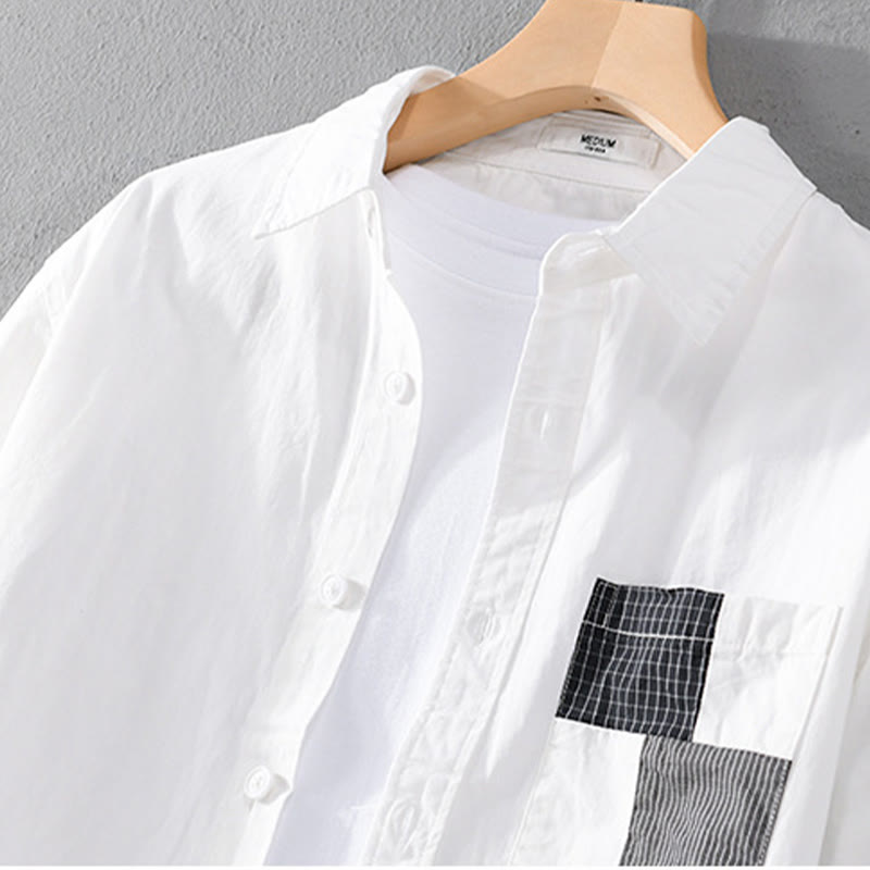 Camisa de lino y algodón de manga larga para hombre con solapa y diseño de patchwork de Buddha Stones Spring Daily Line con bolsillos - image 9